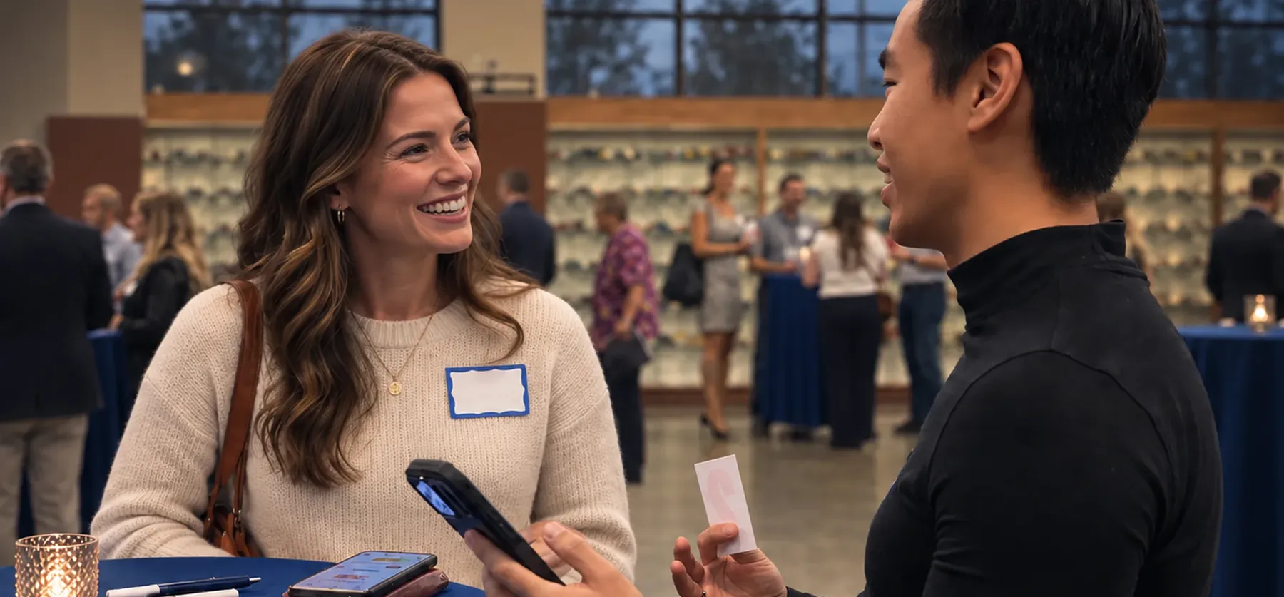 Evan Kwan talking with a business owner at a Salt Lake City networking event
